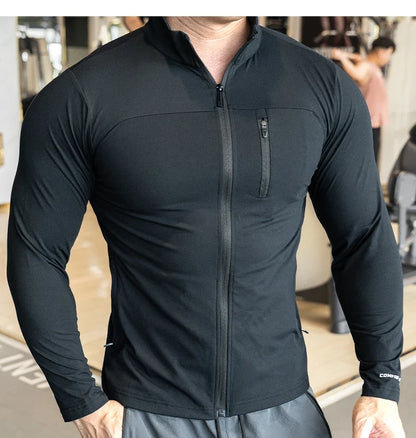 Quick Drying Clothes Men Autumn Sports T-shirt Stand Neck Loose Long Sleeved Outdoor Running Tracksuit Breathable Half Zip Top