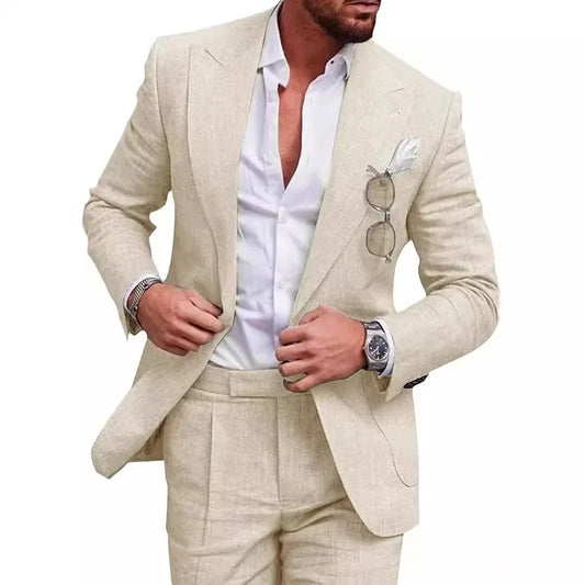 Linen Causal Men Suits for Beach Party Solid Color Business Two Pieces Wedding Tuxedo Set Peak Lapel Suit Jacket with Pants