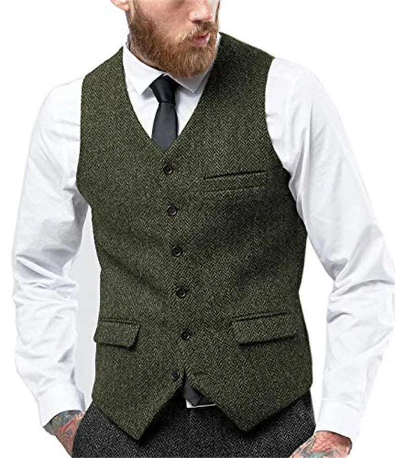 Herringbone Vest for Men Wool Tweed Waistcoat for Groom Groomsman Formal Single Breasted Males Plus Size Dress Suit Vest