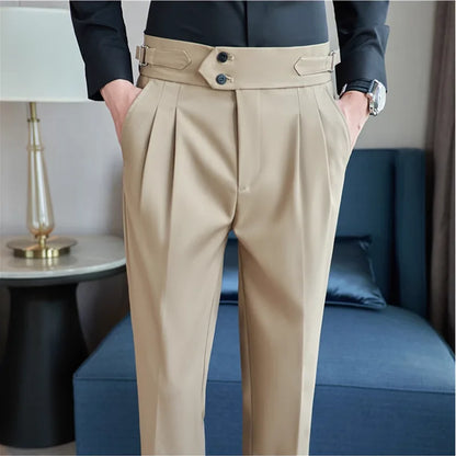 British Style Autumn New High Waist Trousers Men Belt Design Slim Fit Suit Pants Office Social Wedding Party Formal Pants Hommes