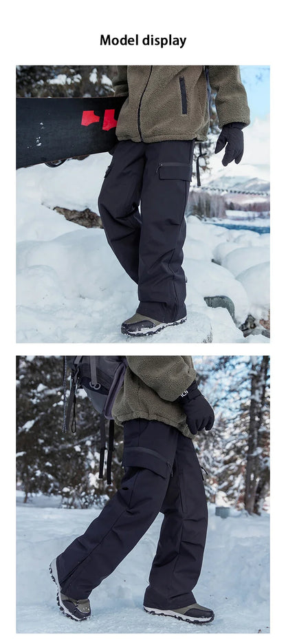 Autumn Winter Men's Three-proof Pants 90 Velvet Warm Fabrics Wear-resistant Large Pockets Elastic Waist Outdoor Sports Pants