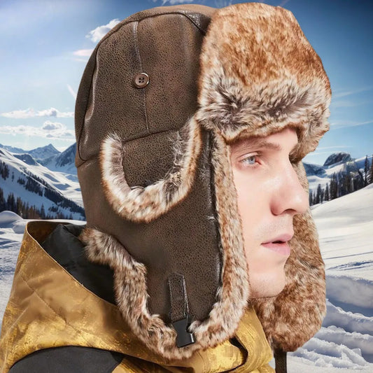 1 Piece Men Women Winter Ushanka Hats Russian Bomber Hat with Ear Flap Pu Leather Faux Fur Trapper Cap Snow Hunting Skiing Cap