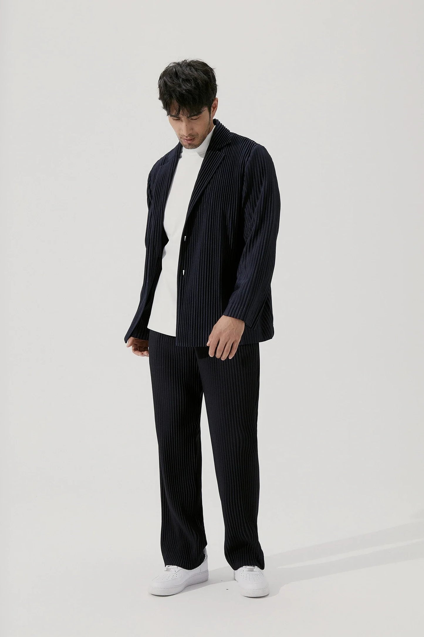 Pleated Blazer Black Suits For Men High Quality Casual Japanese Style Blazers Stretch Fabric Slim Fit Coat