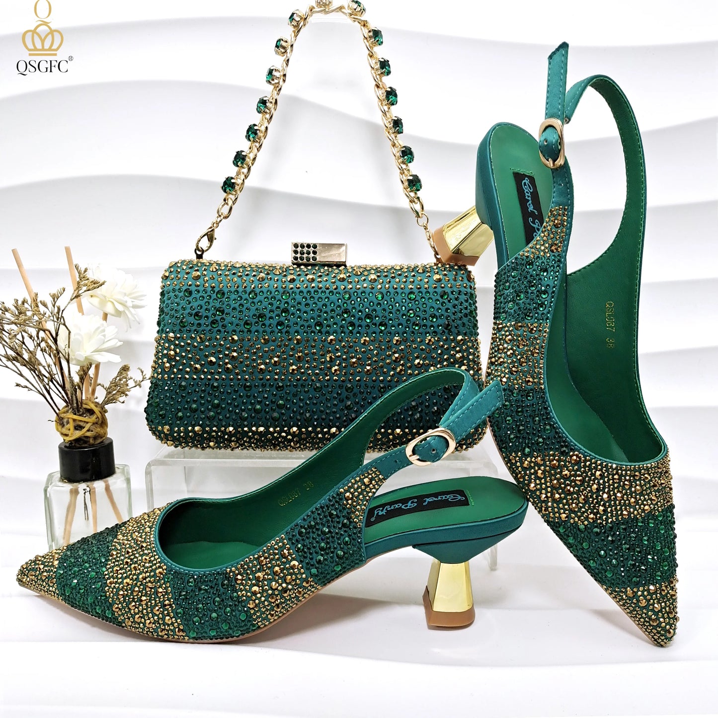 Gold Color Elegant Women Heels Shoes and Bag Set Hollow Rhinestones  High Heels Wedges Shoes Matching Bag