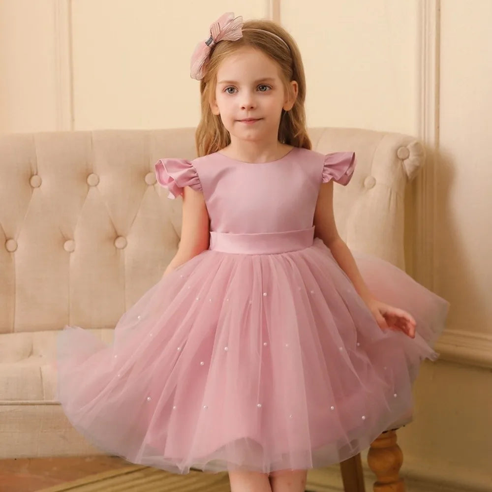 Fashion Red Pink Children's Bow Princess Dress‌ Big Bow Backless Girls Puffy Dress Tulle Flower Girl Dress Wedding Gown