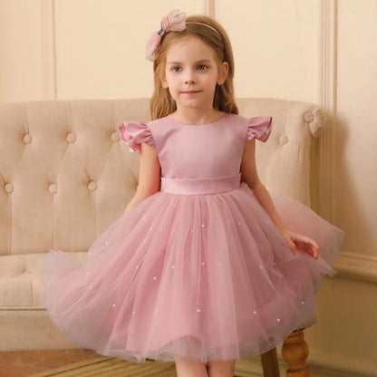 Fashion Red Pink Children's Bow Princess Dress‌ Big Bow Backless Girls Puffy Dress Tulle Flower Girl Dress Wedding Gown