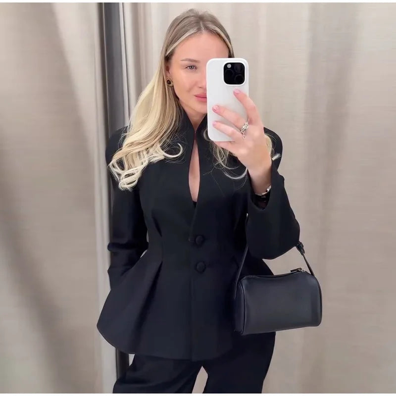 Chic Pleated Waist Cinched Women's Jacket V Neck Single Breasted Lace Up Blazer Coat Lady 2026 Casual Slim Commute Outerwear