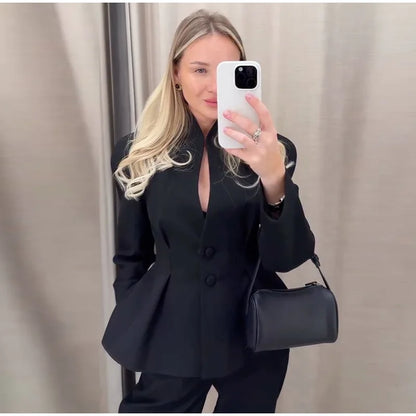 Chic Pleated Waist Cinched Women's Jacket V Neck Single Breasted Lace Up Blazer Coat Lady 2026 Casual Slim Commute Outerwear