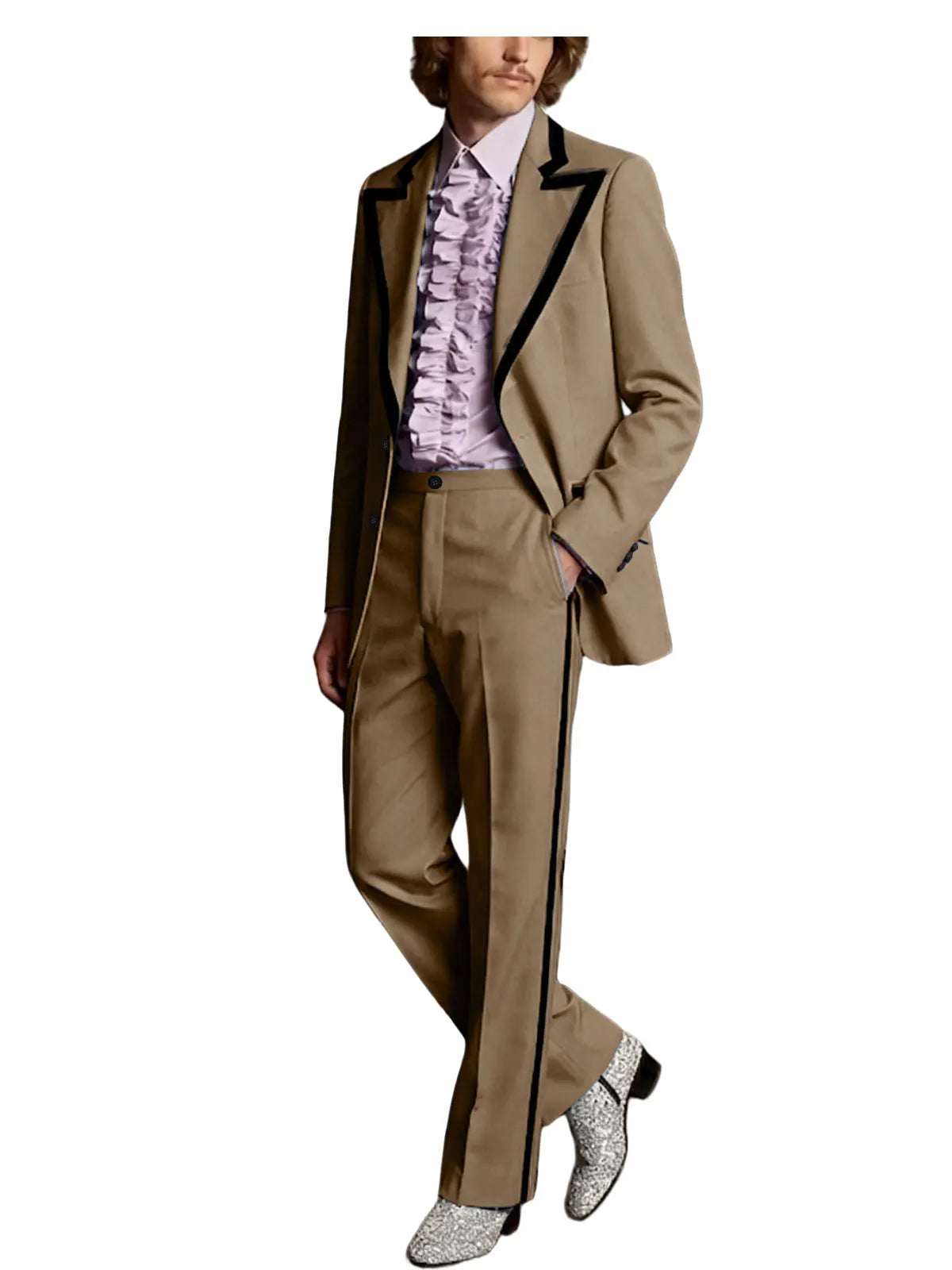 Men's Tuxedo Suit with Black Trim 2-Piece Slim Fit Blazer Pants Set Business Casual Jacket Straight Leg Trousers Formal Outfit