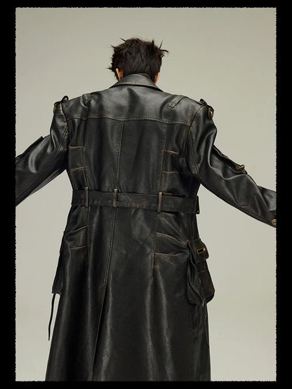 Spring Autumn Long  Distressed Black Pu Leather Trench Coat Men Belt Double Breasted Luxury European Fashion 2023