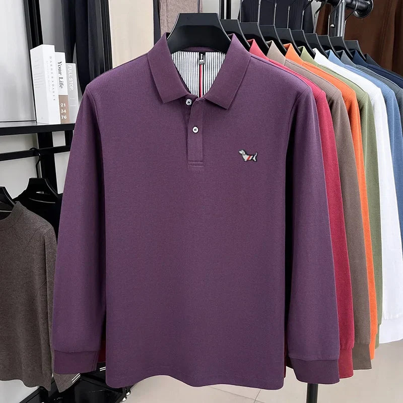100% pure cotton autumn high-end luxury men's brand long sleeved polo shirt original embroidered dog design golf top T-shirt