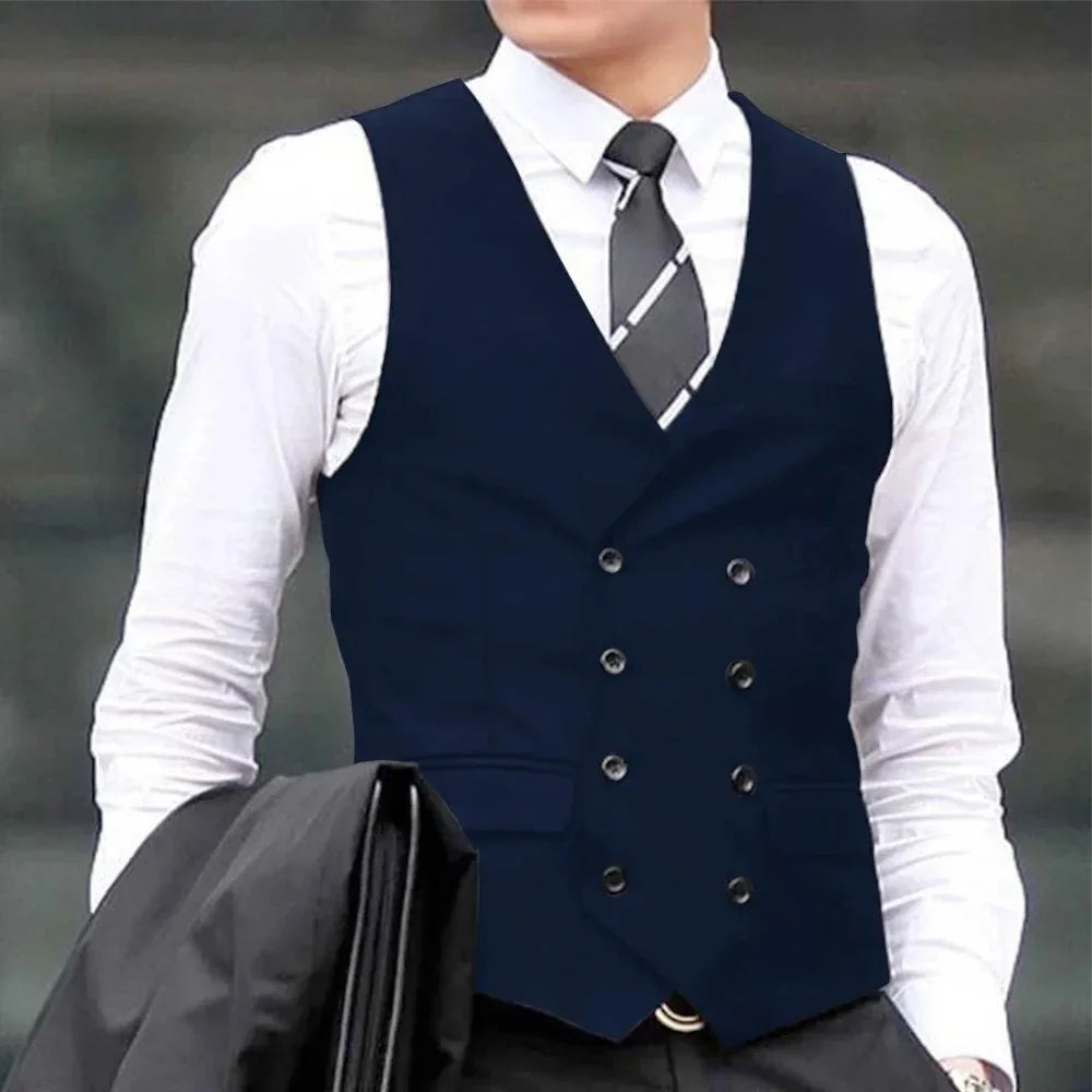 Men Vest Black Solid Double Breasted Waistcoat For Wedding Business Casual Banquet Formal Occasions Work Men Suit Vest