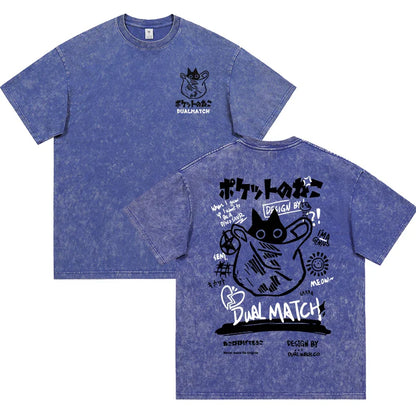 Men Women Cartoon T-Shirt Vintage Summer Harajuku Kawaii Cat Print Short Sleeve Tees Couple Streetwear Loose Clothes Cotton Tops