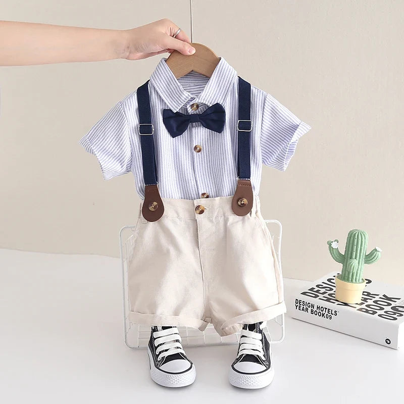 Fashion Summer Children Kids Boy's Clothes Blue Strips Shirt Bib Shorts 2Pcs/Set Gentleman Baby Toddler Tracksuits 0-5 Years