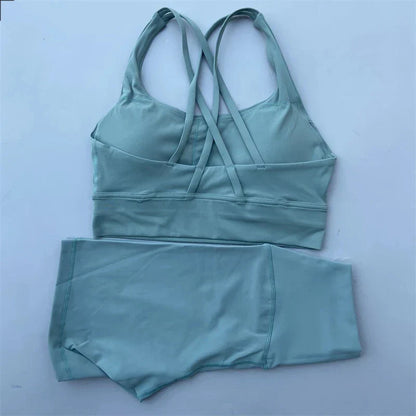 Solid Color soft gym Yoga Set short Legging +cross sport bra Tracksuit  Women Gym Suit Comprehensive Training Jogging Athletic