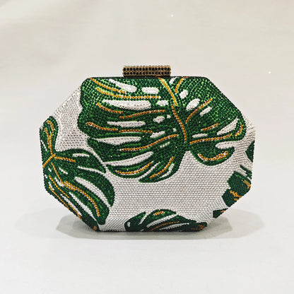 Green Leaf Diamond Evening Bag Gold Crystal Wedding Prom Clutches Formal Lady Rhinetone Chain Shoulder Handbags Party Purse