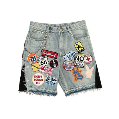 Y2k Cartoon Embroidery Jorts Man Women Harajuku Streetwear Retro Patchwork Denim Shorts Jeans Baggy Shorts Oversized