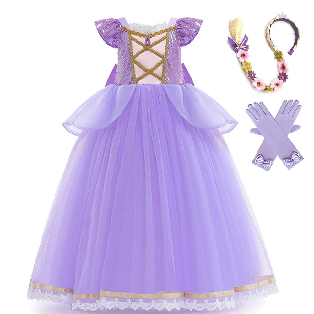 Princess Dress Girl Purple Deluxe Elegant Cosplay Tangled Costume Halloween Vestido Kids Birthday Ball Gown Clothes