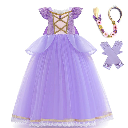 Princess Dress Girl Purple Deluxe Elegant Cosplay Tangled Costume Halloween Vestido Kids Birthday Ball Gown Clothes