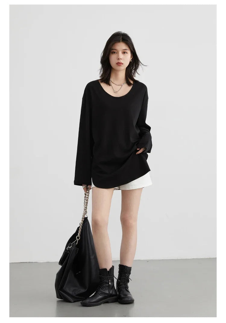 Women T-Shirts Loose Casual U-Neck Long Sleeve Female Tees Split Bottom Woman Top Ladies Clothing Autumn Spring 2023