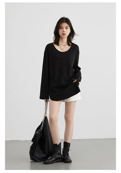Women T-Shirts Loose Casual U-Neck Long Sleeve Female Tees Split Bottom Woman Top Ladies Clothing Autumn Spring 2023