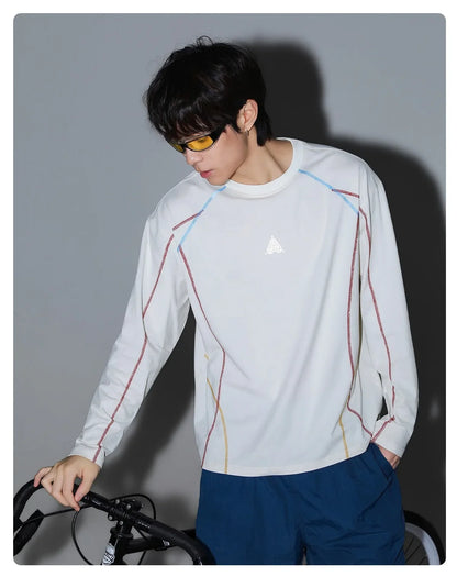 Men's Cool-Touch Contrast Stitch Long Sleeve T-Shirt – Loose Fit Moisture-Wicking Athletic Top for Autumn & Summer Sports