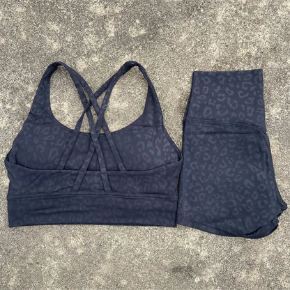 Yoga Shorts Set Gym Sports Set Women Workout Clothes 2 Piece Fitness Suit Cross Straps Bra High Waist Shorts Running Tracksuit