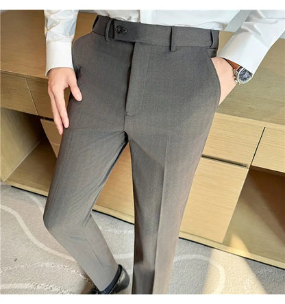 High Quality Pinstripe Slim Fit Suit Pant Men Stretchable Elastic Waist Slim Fit Business Social Wedding Party Casual Trousers