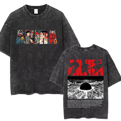 Washed Vintage Anime Akira T Shirts Japanese Science Fiction Cartoon Movie Shotaro Kaneda T-shirt Men's Manga Oversized T-shirts