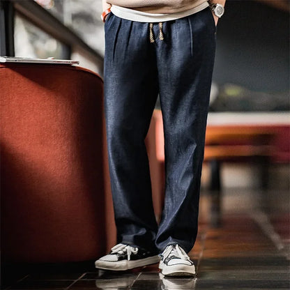 Autumn Casual Jeans for Men Washed Double Pleated Baggy Straight Denim Trousers Mid-rise Zipper Wear-resistant Jeans
