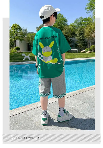 Summer Boys Cotton Alphabet Cartoon T-Shirt Tops+Patchwork Plaid Shorts Pant Set School Kids Tracksuit Child 2PCS Outfit 5-14Yr