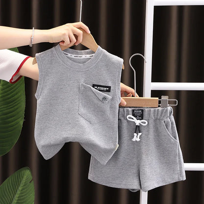 Korean Children Summer Sets Girl Boy Sleeveless Vest Shorts Suit Child Clothing Fashion Outfits Kids Costume