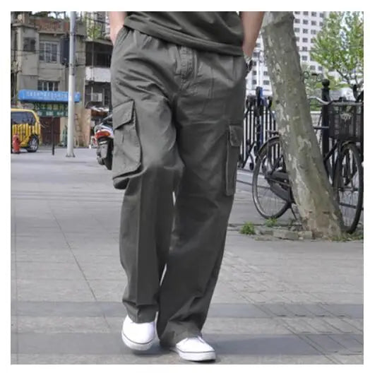 Spring Men cargo cotton pants pocket large size big 8XL 10XL 9XL 140KG loose out door casual safari style pants black 46 48 50