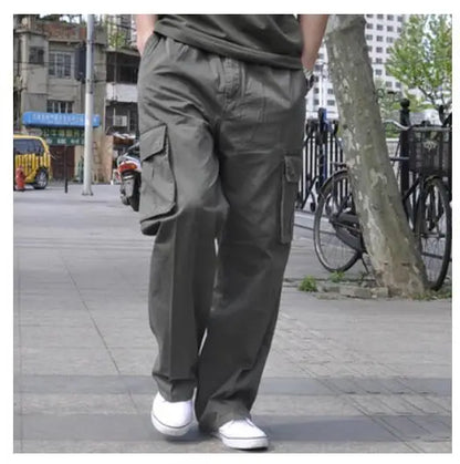 Spring Men cargo cotton pants pocket large size big 8XL 10XL 9XL 140KG loose out door casual safari style pants black 46 48 50