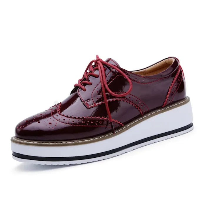 Women's Oxford Flats - Genuine Leather Wingtips Lace-Up Comfort Brogue Derby Patent Platform Casual Shoes for Spring Autumn