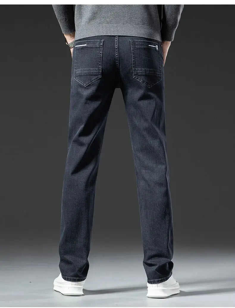 Winter Warm Men's Jeans Fleece Thickened Elastic Smoke Gray Black Business Straight Casual Denim Pants Brand Man PlushClothes
