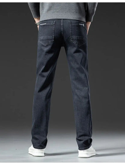 Winter Warm Men's Jeans Fleece Thickened Elastic Smoke Gray Black Business Straight Casual Denim Pants Brand Man PlushClothes