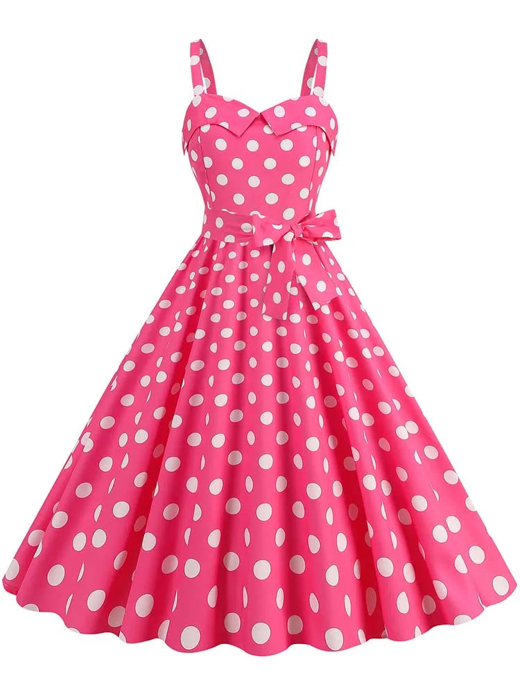 Spaghetti Strap Pink Plaid Dress Women Summer Elegant Vintage 50s Rockabilly Swing Party Dress