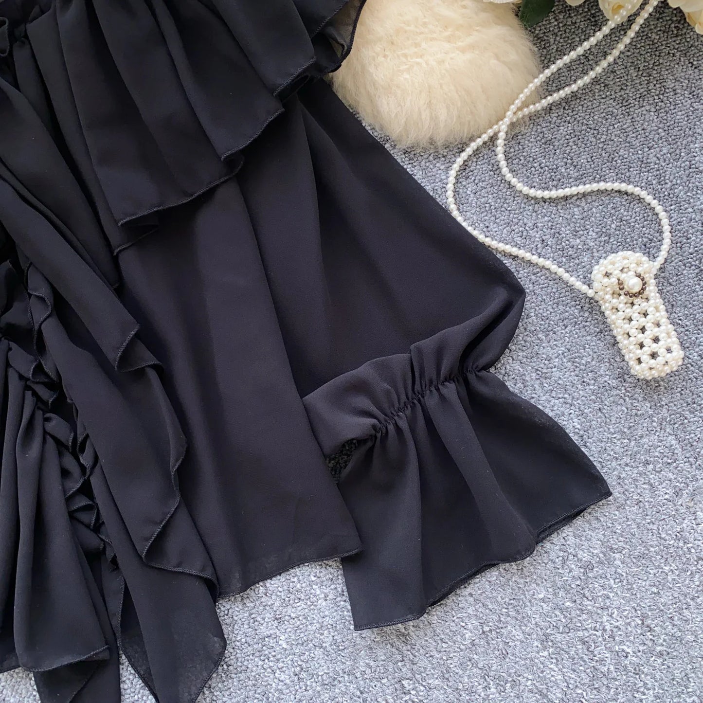 Chic Ruffles Splice Chiffon Blouse V Neck Flared Sleeve Loose Tops 2025 Fashion Solid Fairycore Vacation Women Shirt