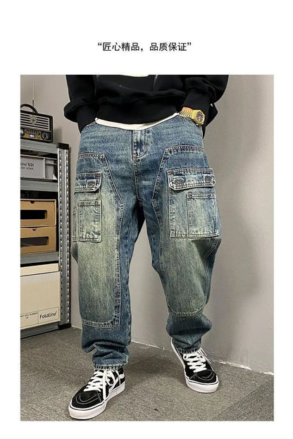 Autumn American Casual Ruffian Handsome Washed Retro Tooling Jeans Men's Straight Loose High Street Tapered Pants Tide