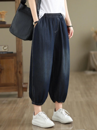Retro Full Cotton Waed Denim Pants Women Summer Elastic Waist Thin Slimming Lantern Pants Marked Line Nine Points Harlan Pants