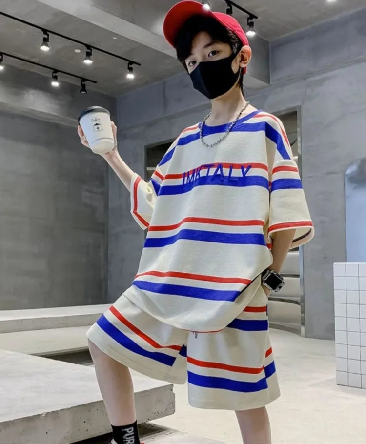 Striped Short-sleeved Sportswear Summer Suit for Boy Set Children From 4 Years Old Tees Kids Clothes Boys Children's Costumes 11