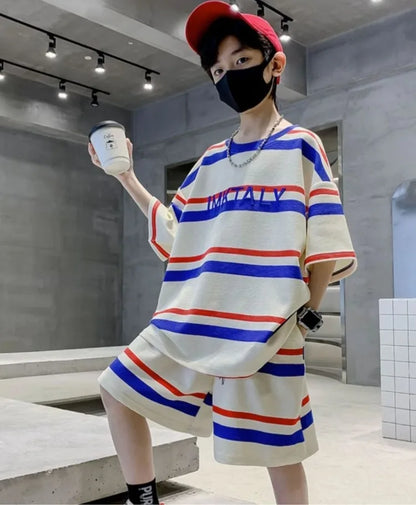 Striped Short-sleeved Sportswear Summer Suit for Boy Set Children From 4 Years Old Tees Kids Clothes Boys Children's Costumes 11