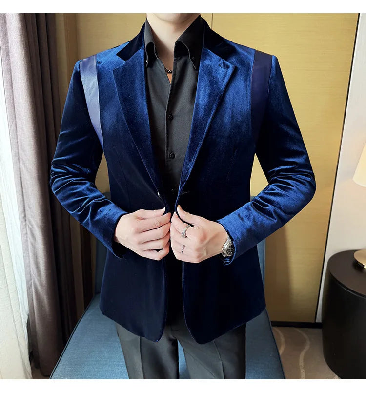 Leather Splicing Mercerized Velvet Suit Jacket 2025 Autumn New Men's High-end Business Slim Fit Fashion Party Tailcoat 4XL-M