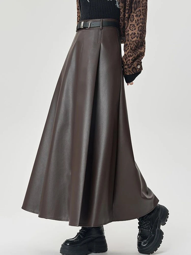 Vintage PU leather women midi skirts Y2K Autumn high waist Streetwear with belt pleated Skirt female elegant Solid A line skirts