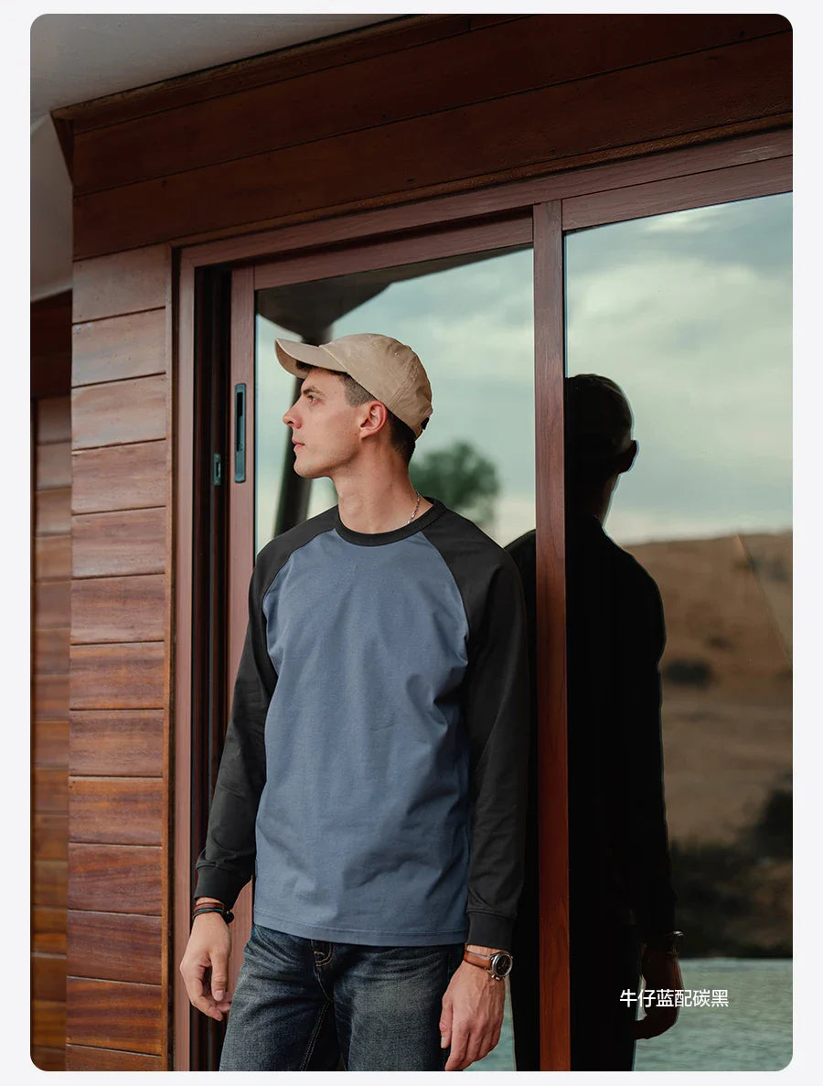 2026 Spring New 240g/sm Sorona Fabric Long Raglan Sleeve T-shirts Men Contrast Colors Tops