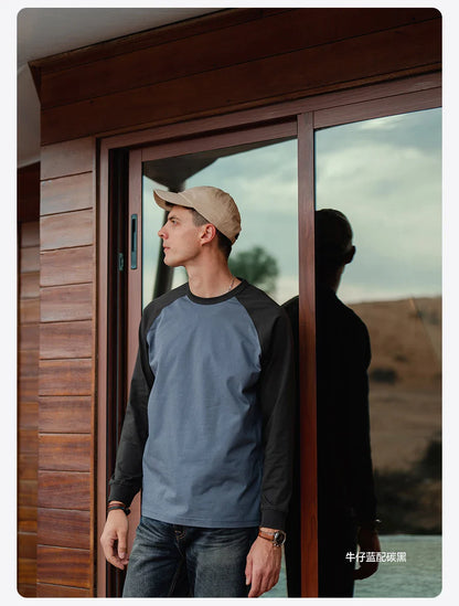 2026 Spring New 240g/sm Sorona Fabric Long Raglan Sleeve T-shirts Men Contrast Colors Tops
