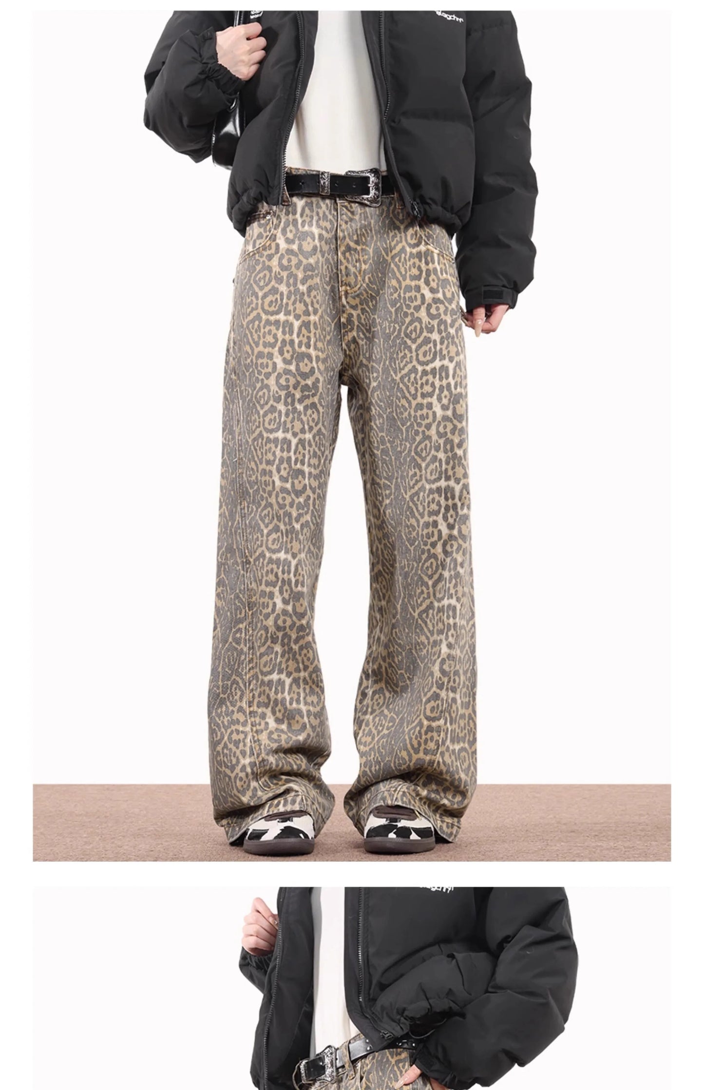 American Style Leopard Wash Jeans Women Y2K Retro Street Hot Girl Loose Casual Pants High Waist Straight Leg Jeans