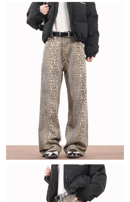 American Style Leopard Wash Jeans Women Y2K Retro Street Hot Girl Loose Casual Pants High Waist Straight Leg Jeans