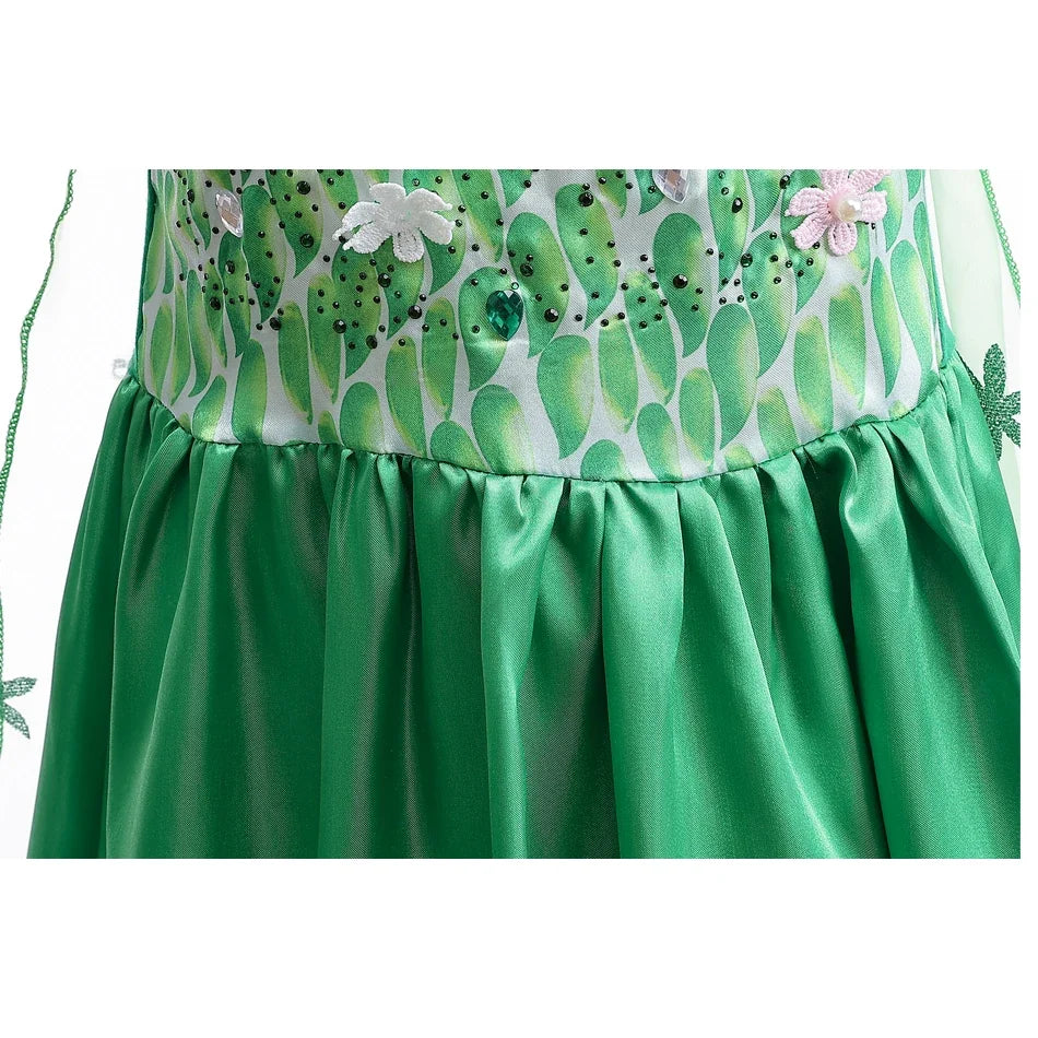 Elsa Green Dress for Kids Girl Princess  Costume Dresses  Children Long Cloak Floral Lace Ball Gown Summer